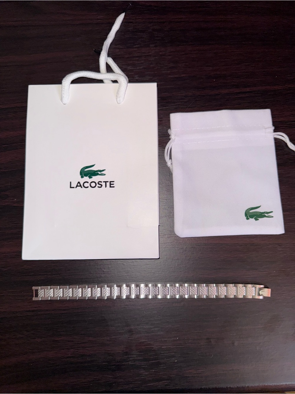 Lacoste Silver Metal Watch Bracelet with White Branded Pouch